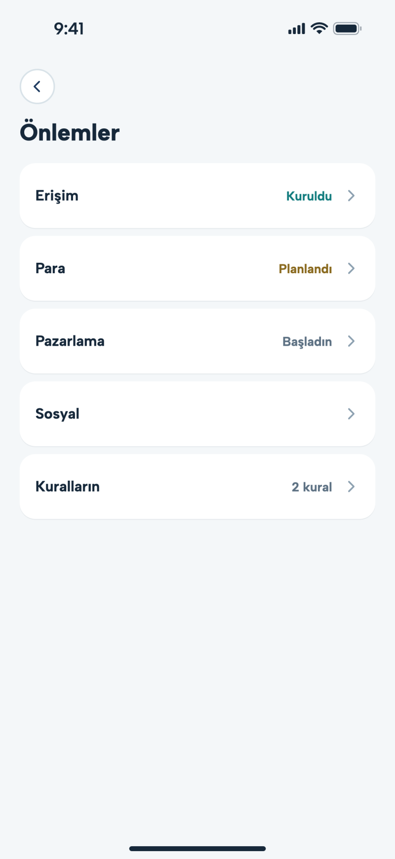Uygulamanın Önlemler ekranı.