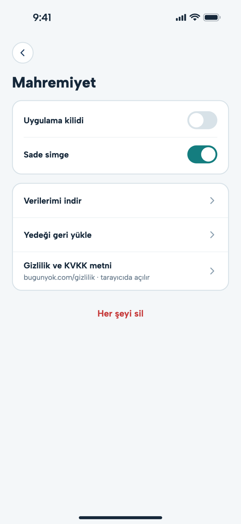 Uygulamanın Mahremiyet ekranı.